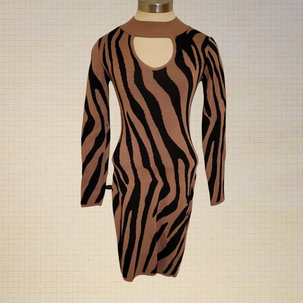 Striped Leopard Print Bodycon Dress Long Sleeve Cutout Chest Medium